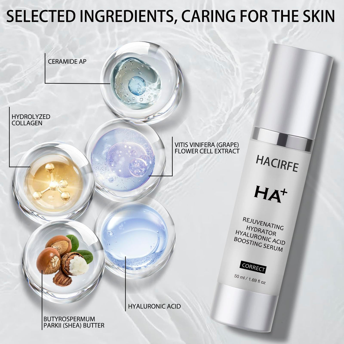 HACIRFE HA Rejuvenating Hydrator skin swatch shows plump, nourished appearance.
