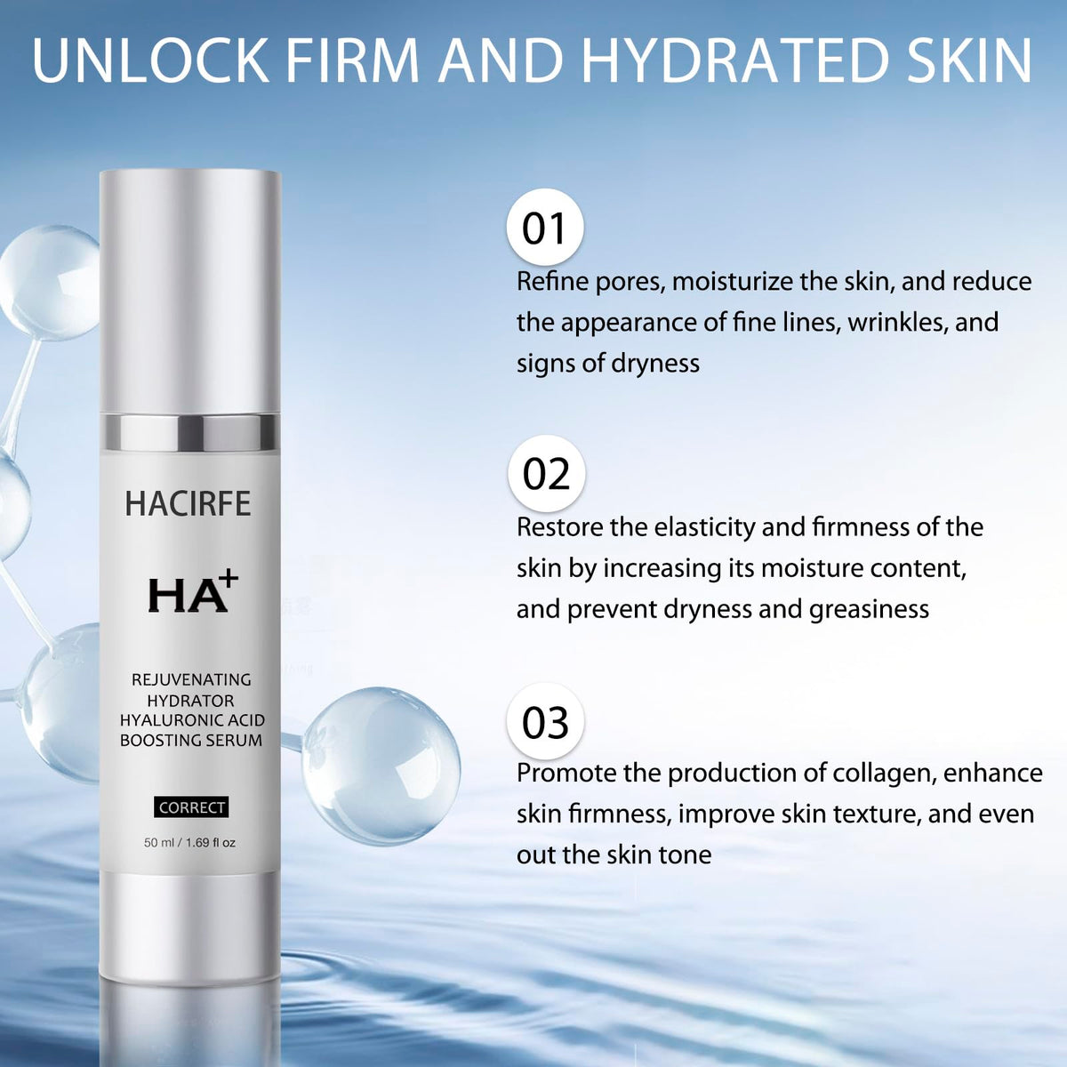 HACIRFE HA Rejuvenating Hydrator USA-made label conveys quality and safety.