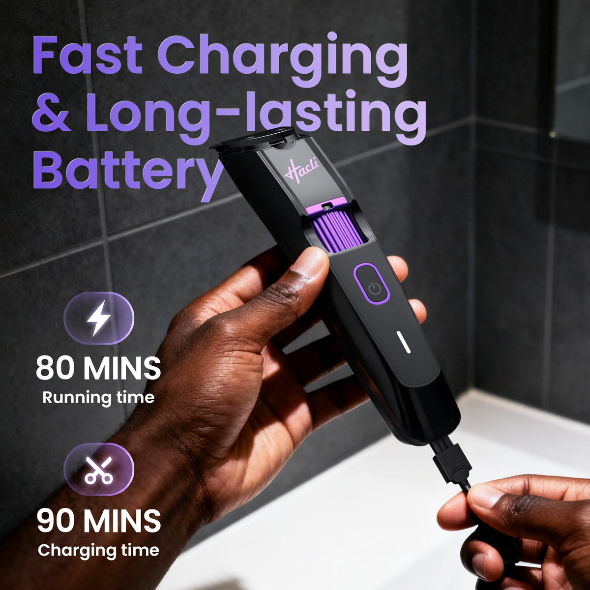 HACLI cordless design offers up to 60 minutes runtime with USB-A charging