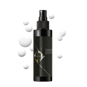 HADAT Hydro Miracle serum bottle showing smooth, frizz-free shine for all hair types.