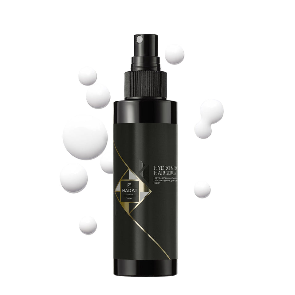 HADAT Hydro Miracle serum bottle showing smooth, frizz-free shine for all hair types.