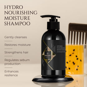 Close-up of HADAT shampoo being poured for lightweight hydration.