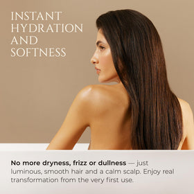Lathering HADAT shampoo reveals shine and smooth manageability for frizz-prone hair.