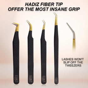 Close-up of ultra-fine tips enabling precise lash pickup with HADIZ tweezers.