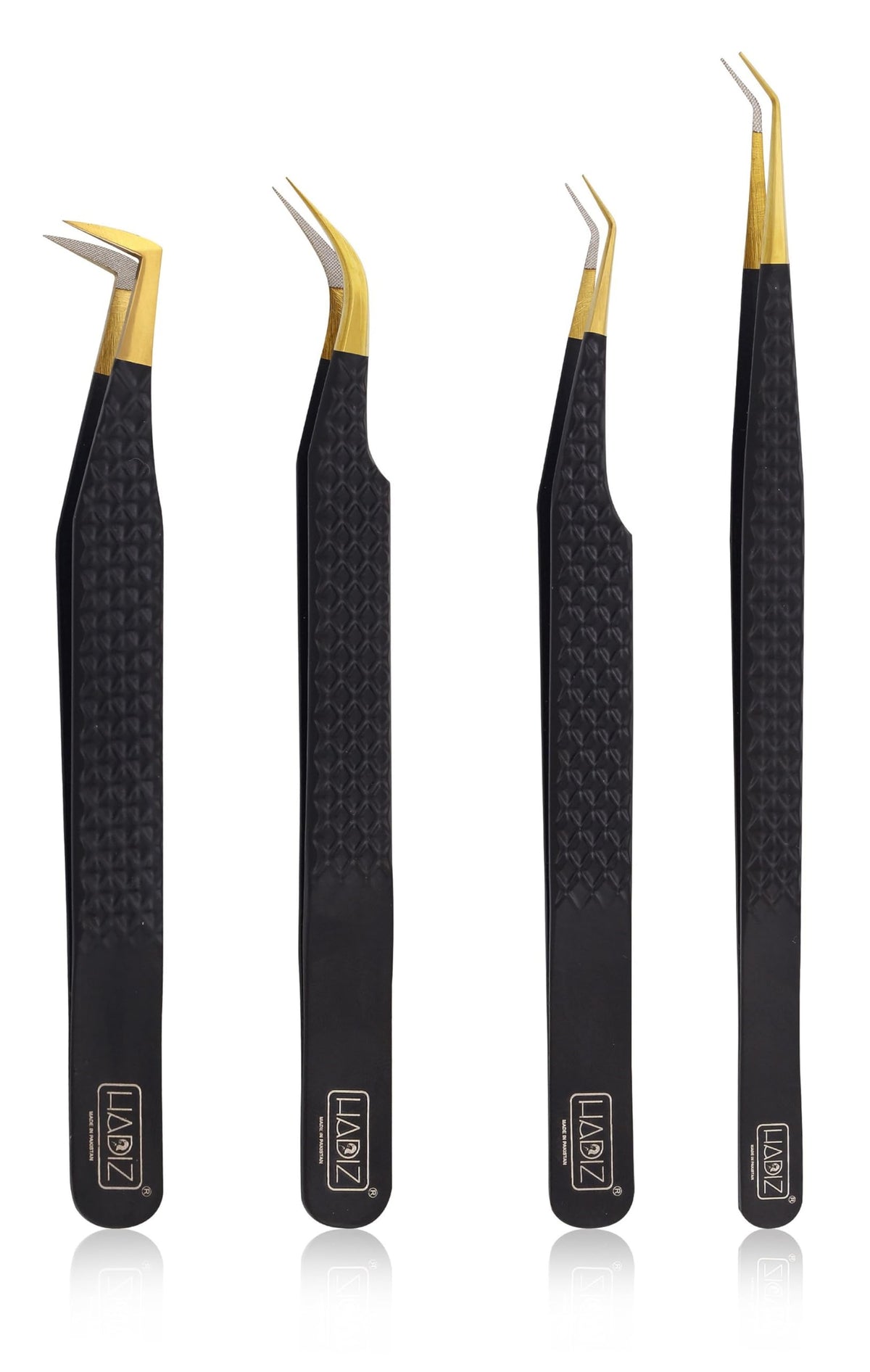 HADIZ four-piece diamond-tip tweezers in black ready for precise lash application.