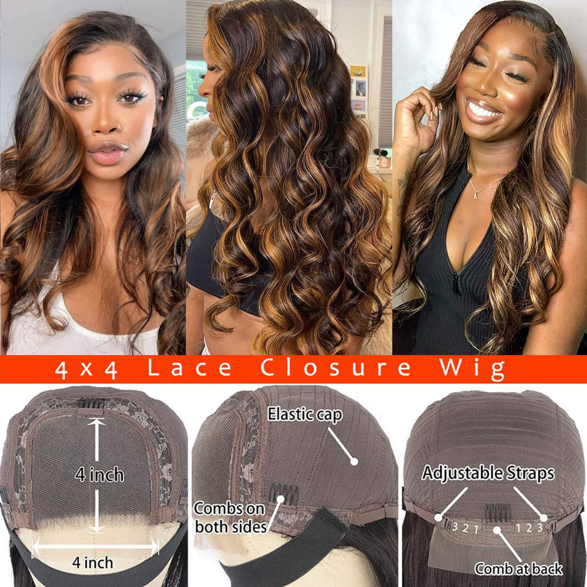 Haha 150 density body-wave wig in honey blonde for fuller movement.