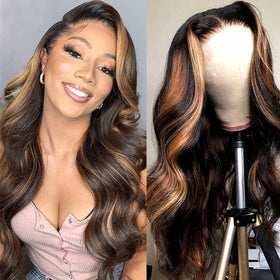Haha Brazilian hair highlight 4x4 lace front wig in honey blonde for natural volume.