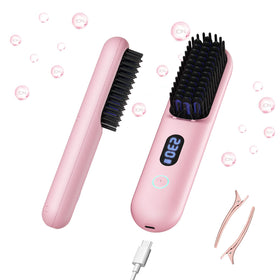 Hahahope cordless straightener brush pink front view for travel-ready styling