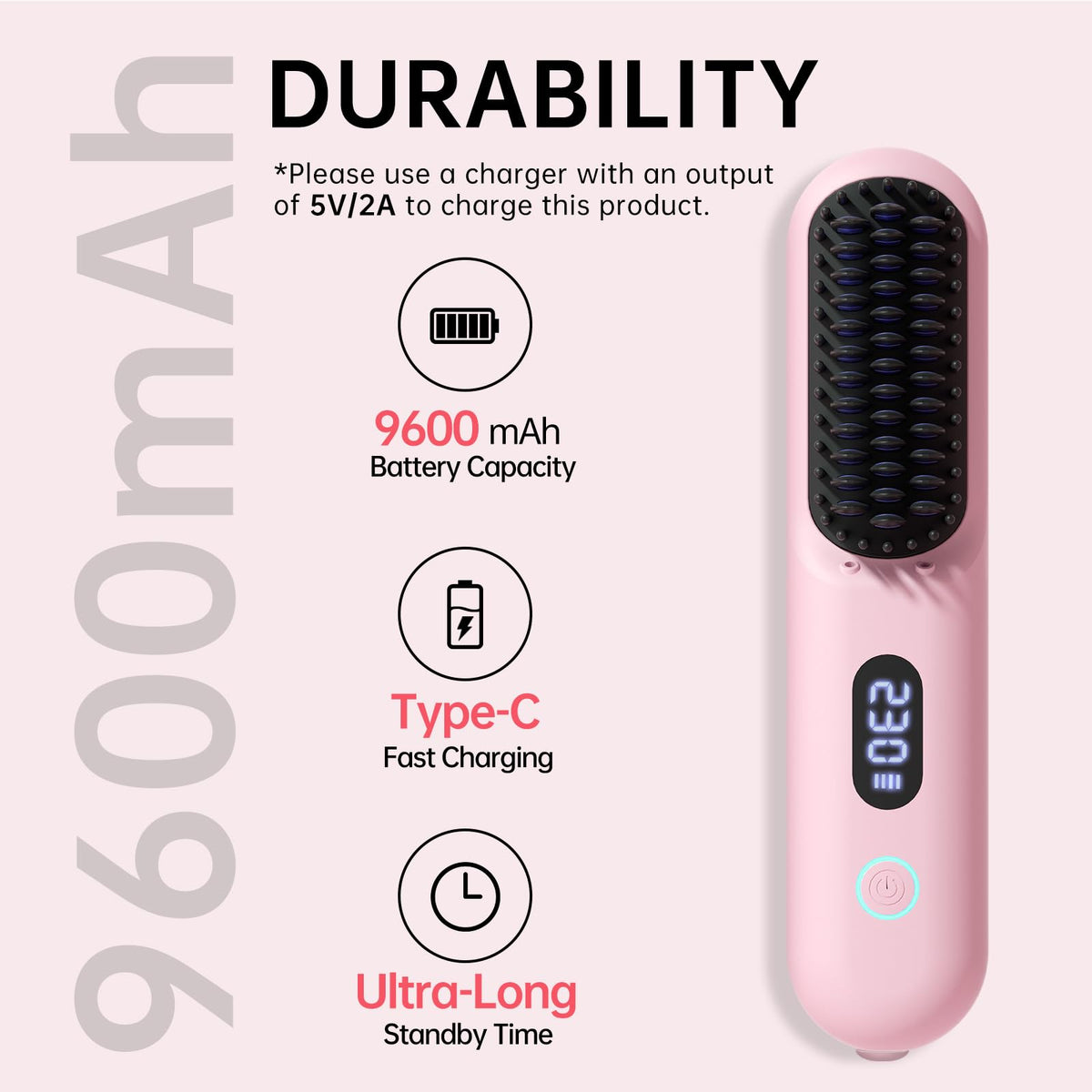 Hahahope cordless straightener brush pink side view enables easy handling