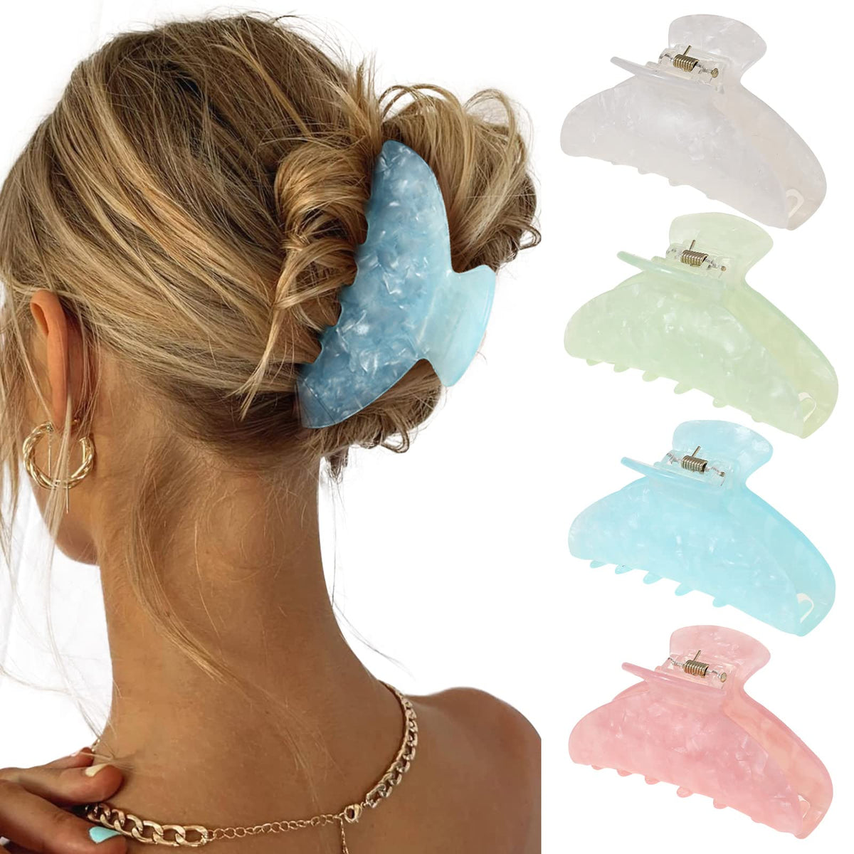 haimeikang 4pcs large acrylic hair claw clips in light green shell for thick hair hold.