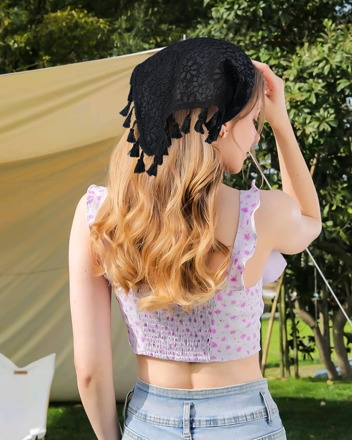 HAIMEIKANG floral bandana worn across multiple occasions.