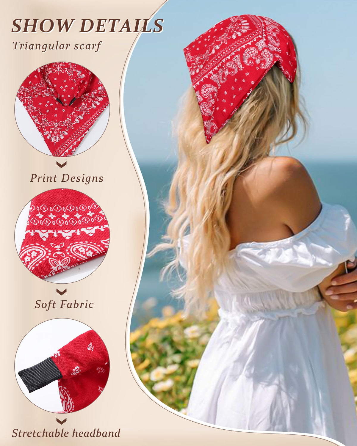 HAIMEIKANG red triangle kerchief headscarf for versatile boho styling