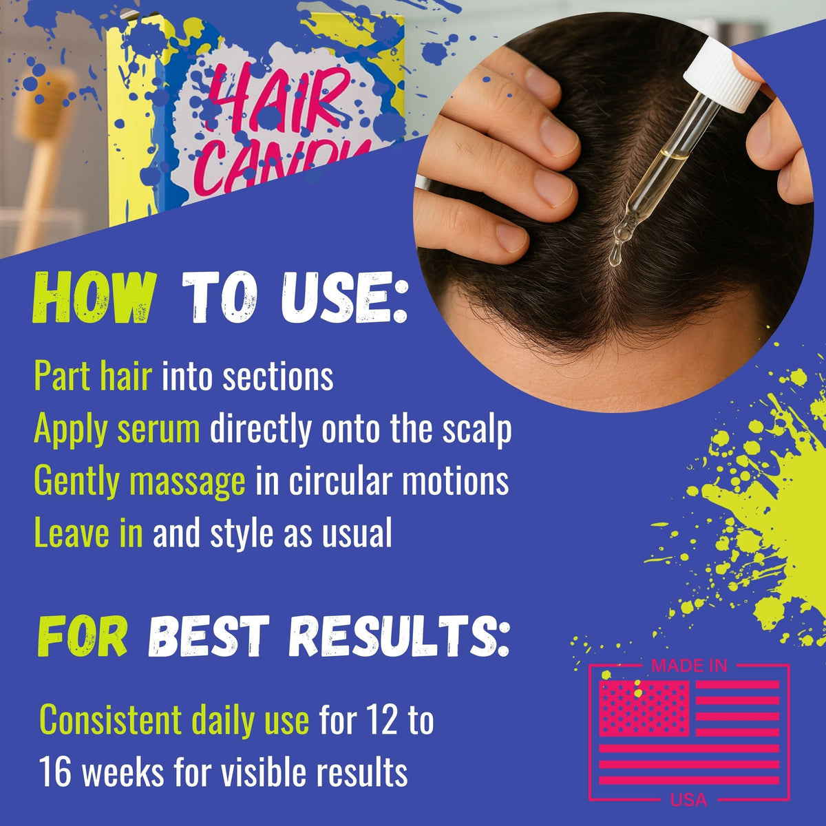 Hair Candy Hair Growth Serum ingredients close-up with biotin and caffeine