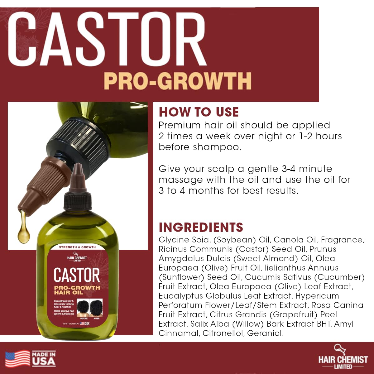 Hair Chemist Pro-Growth castor oil bottle in hand for daily care