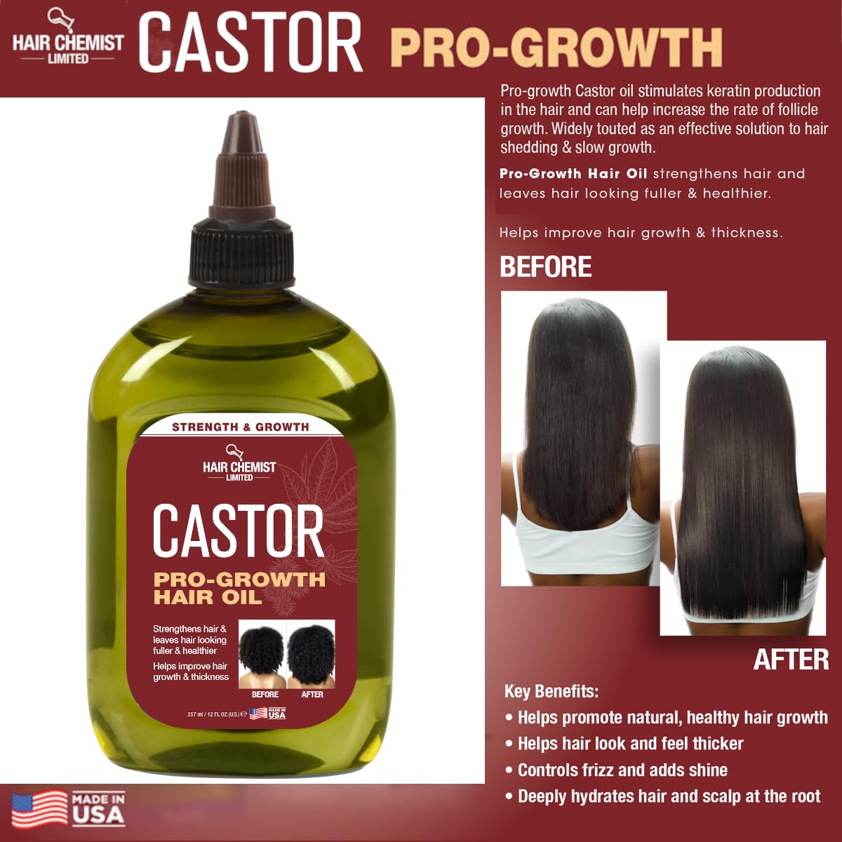 Hair Chemist Pro-Growth castor oil packaging box showcases generous 12 oz bottle