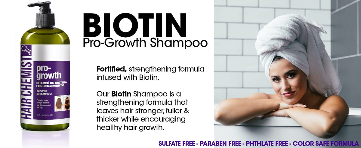 Amber bottle of Hair Chemist Pro-Growth Shampoo on vanity