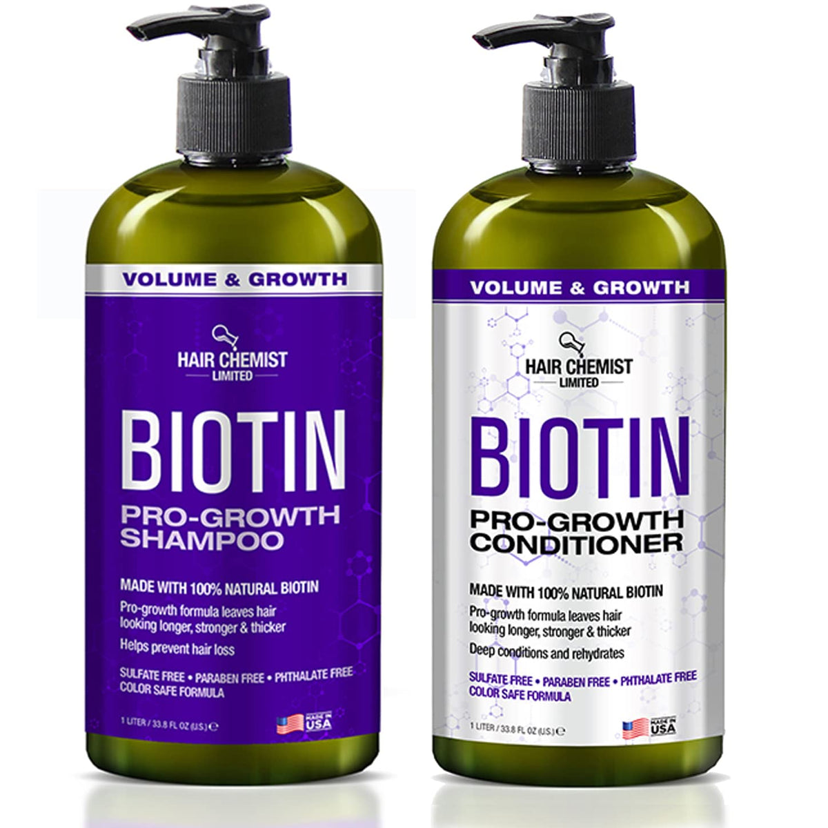 Hair Chemist Pro-Growth Shampoo bottle showcases bold branding for thicker-looking hair