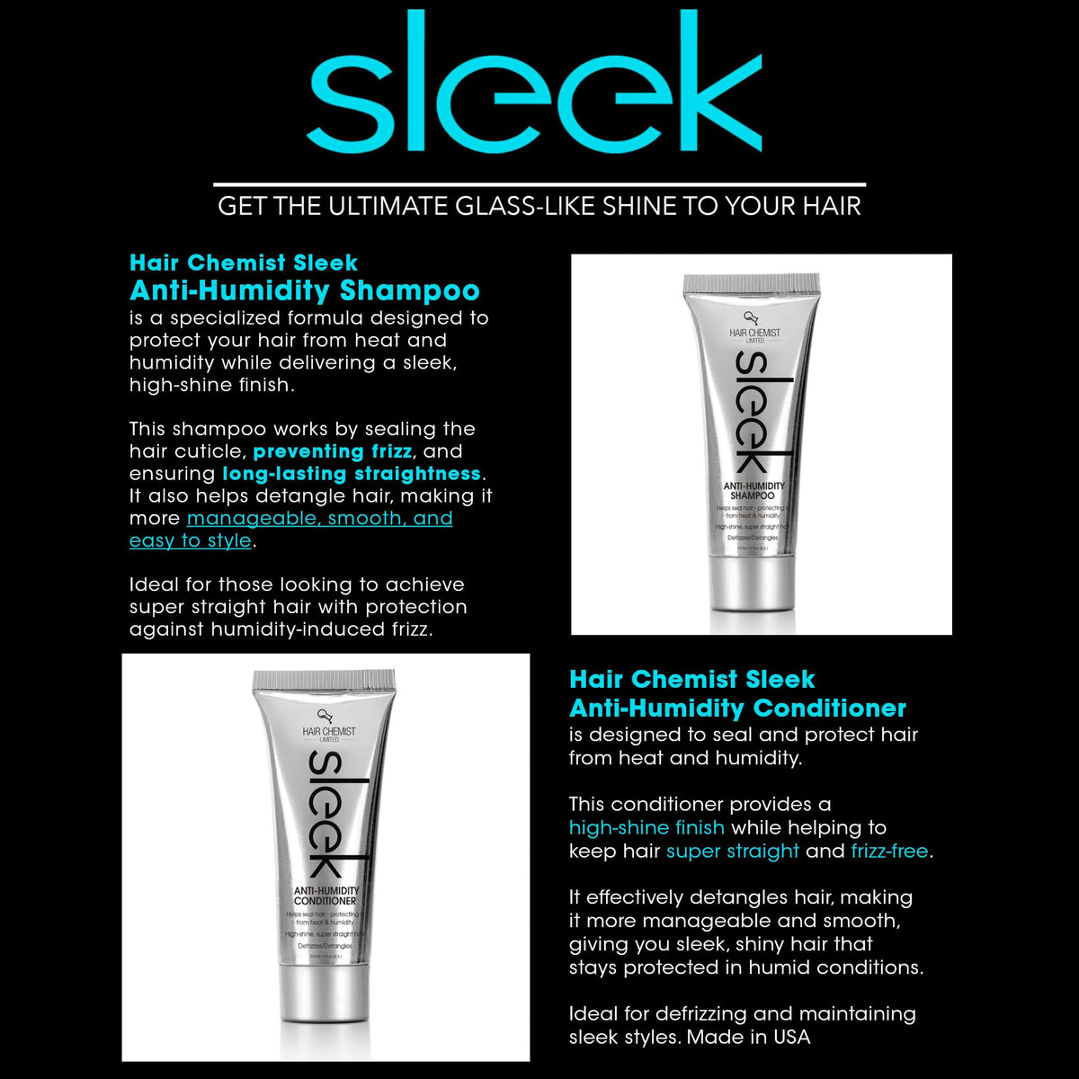 Close-up of Hair Chemist Sleek shampoo label highlighting anti-humidity protection