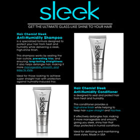 Close-up of Hair Chemist Sleek shampoo label highlighting anti-humidity protection