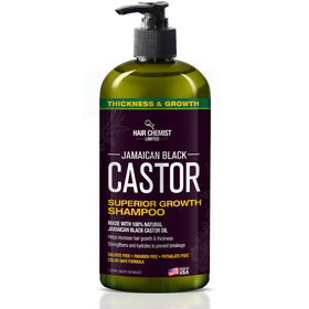 Hair Chemist Superior Growth Jamaican Black Castor Shampoo bottle showing sulfate-free formula for daily use