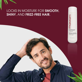Applying HAIR CLUB Maxxam leave-in conditioner on damp hair for even distribution