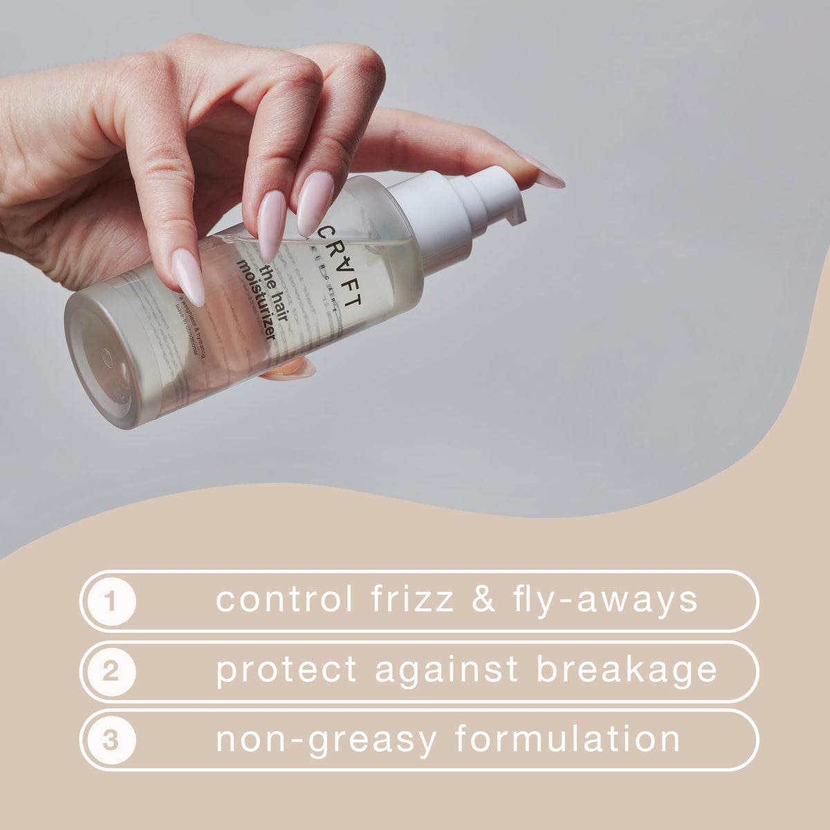 Hair Craft Co. CRVFT argan oil serum pump highlights lightweight frizz control.
