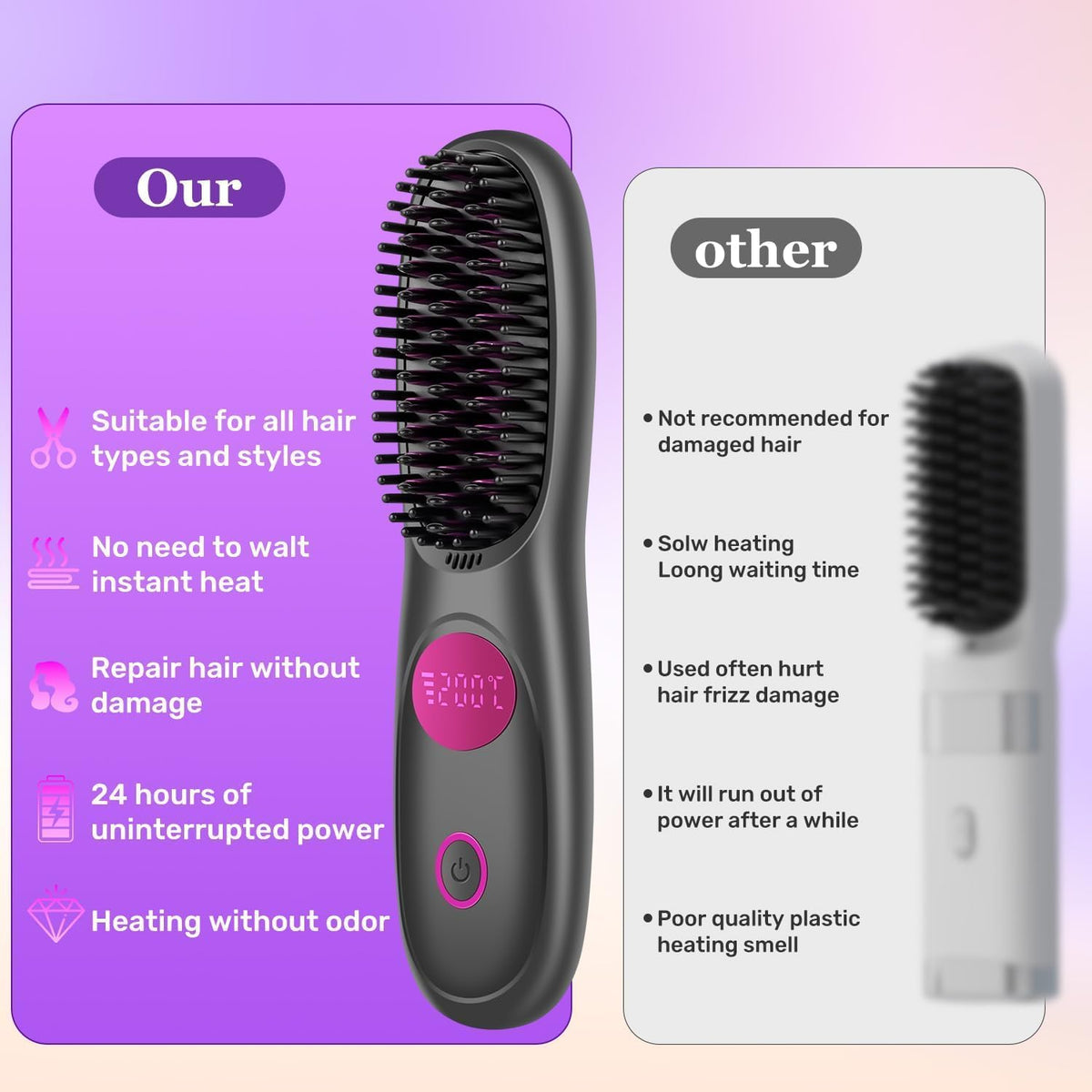 Hair Essence Go Brush Pro LED display showing three-temperature control