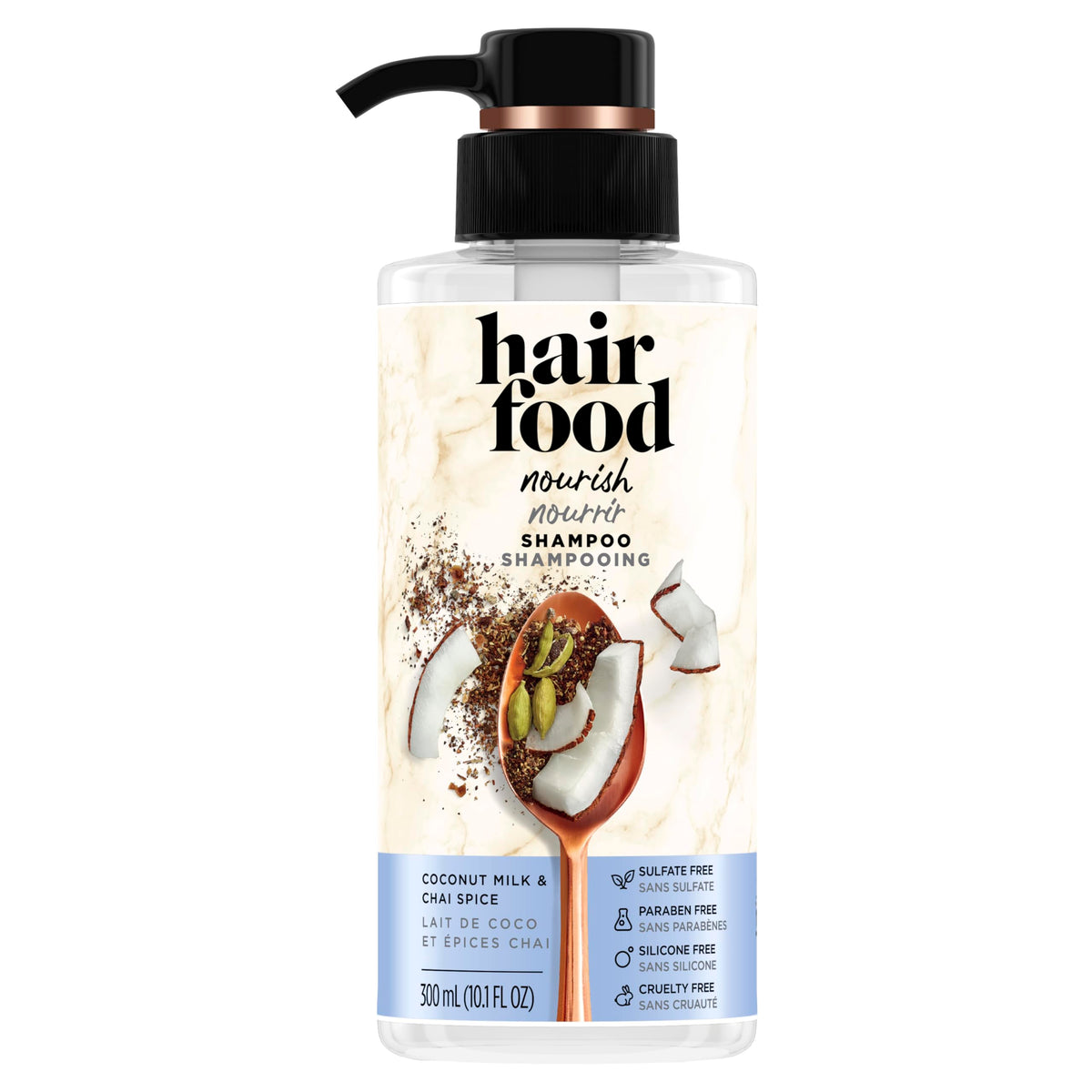Hair Food Coconut Milk Chai Spice shampoo bottle front promotes nourishing daily cleansing.