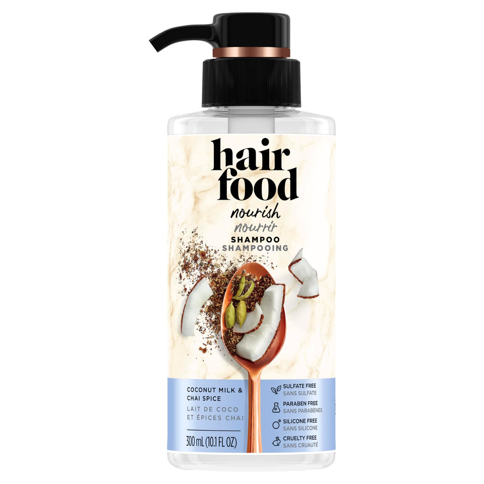 Hair Food Coconut Milk Chai Spice shampoo bottle front promotes nourishing daily cleansing.