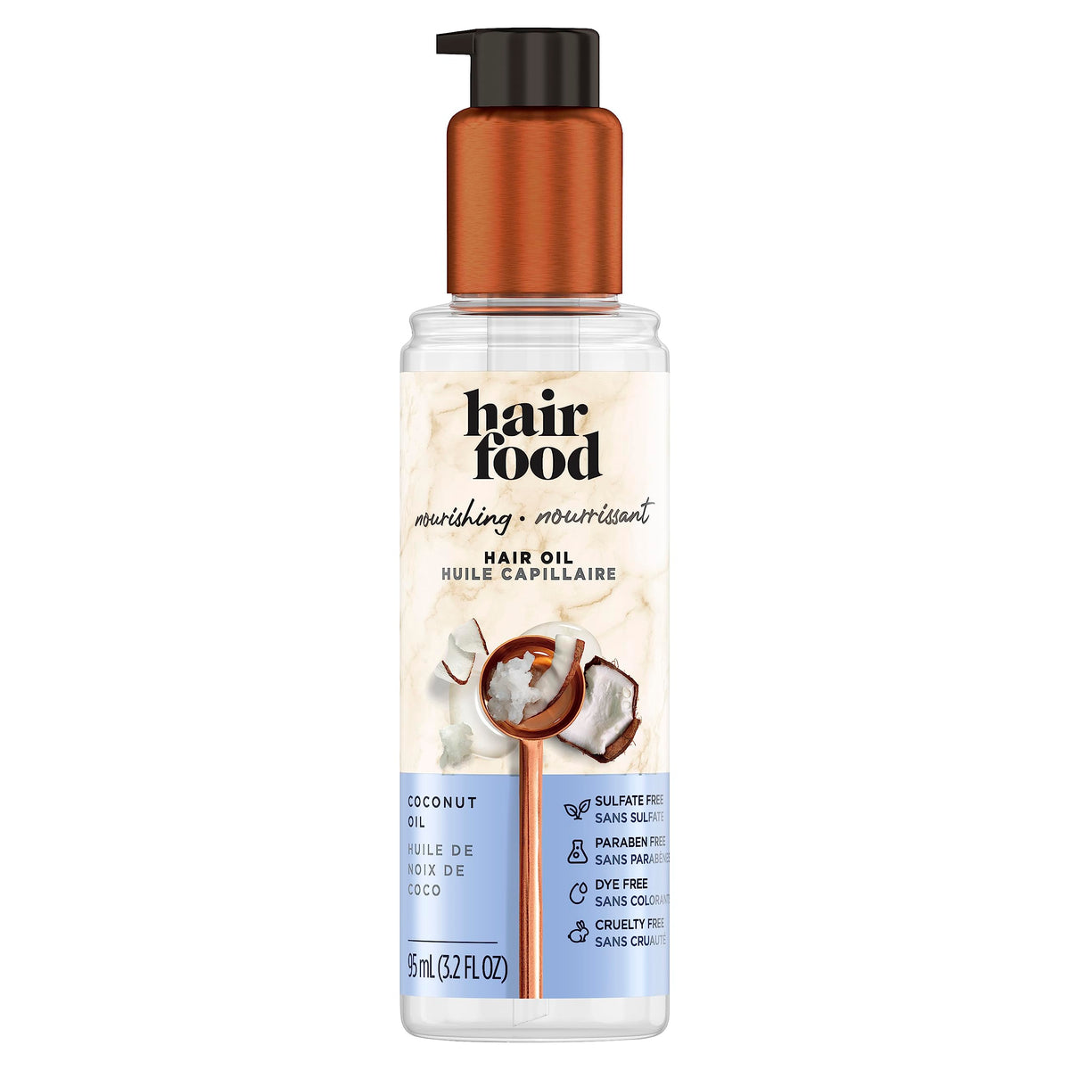 Hair Food Coconut Oil Bottle, showing sulfate-free formula for smooth, nourished hair.