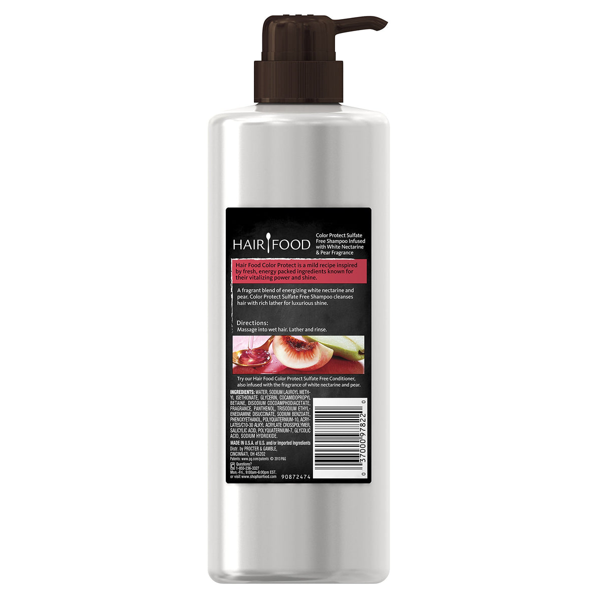 Hair Food color-protect shampoo bottle showcases fruity pear aroma and gentle cleansing.