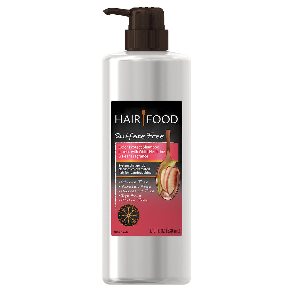 Hair Food sulfate-free color-protect shampoo with white nectarine scent for color longevity.