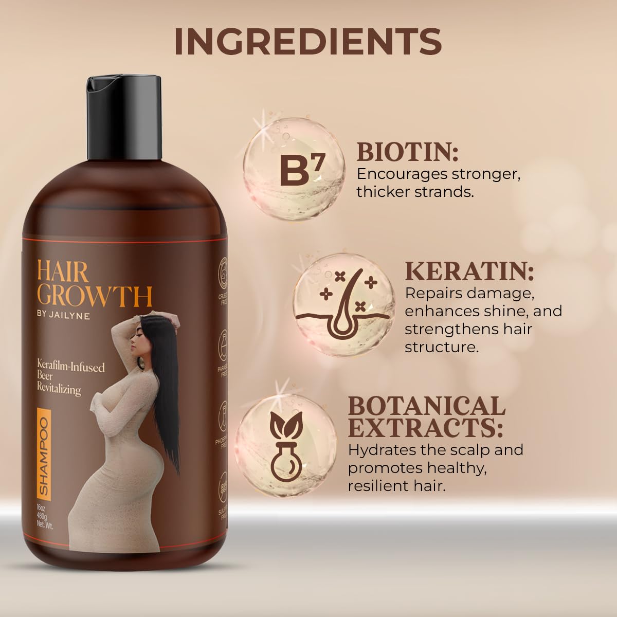 Hair Growth by Jailyne Ojeda label closeup highlighting biotin and keratin