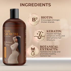Hair Growth by Jailyne Ojeda label closeup highlighting biotin and keratin