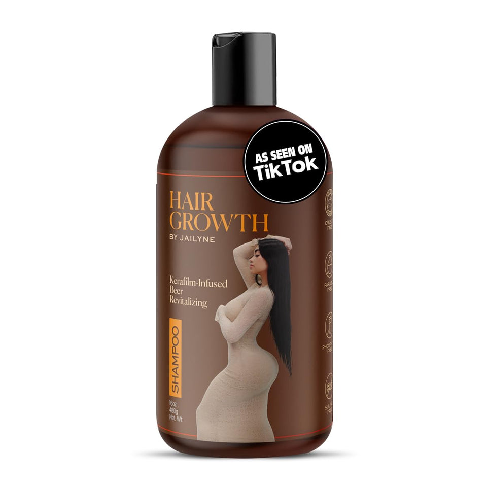 Hair Growth by Jailyne Ojeda shampoo bottle front showing thick hair benefits