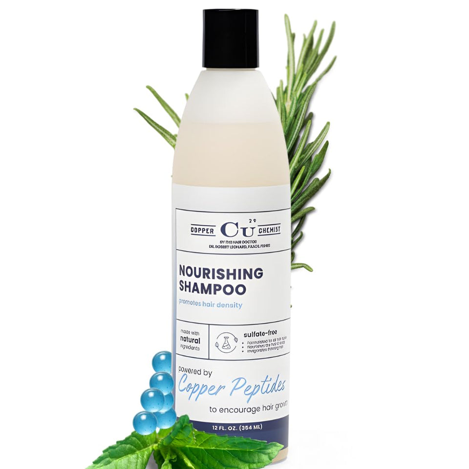 Hair Health Institute Copper Chemist shampoo bottle promotes fuller-looking hair with copper peptides.