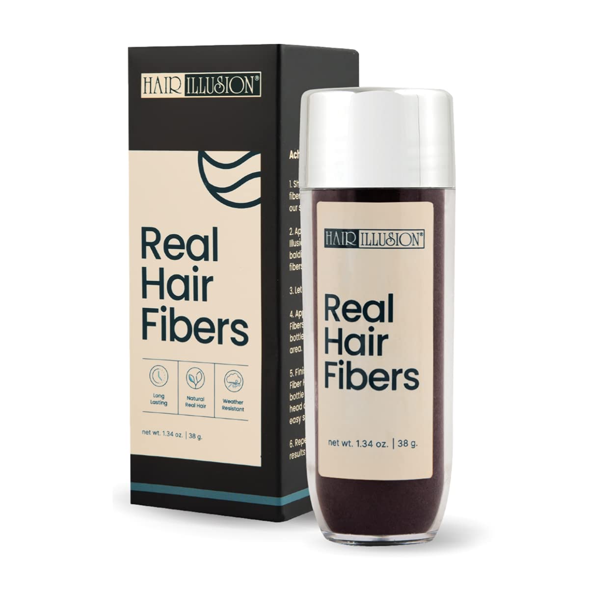Hair Illusion dark brown fibers bottle showing natural blend for fuller look.