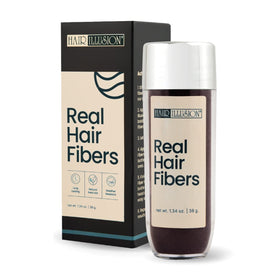 Hair Illusion dark brown fibers bottle showing natural blend for fuller look.