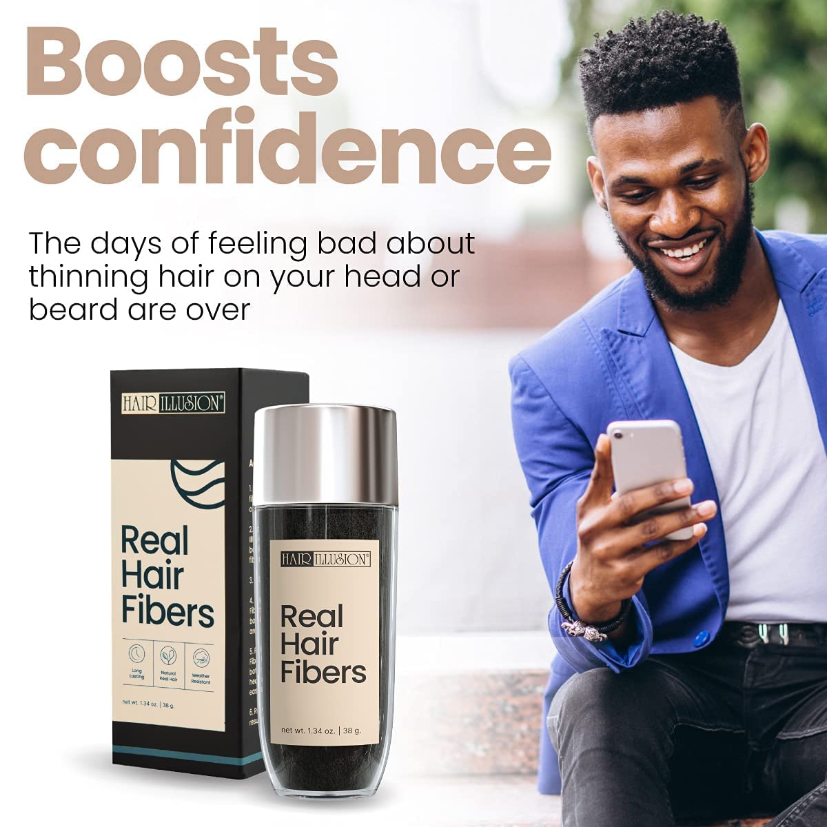 Hair Illusion real hair fiber close-up blending with natural hair for fullness