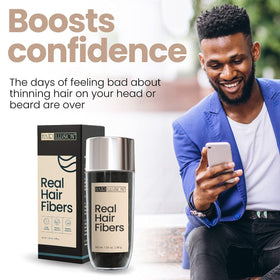 Hair Illusion real hair fiber close-up blending with natural hair for fullness