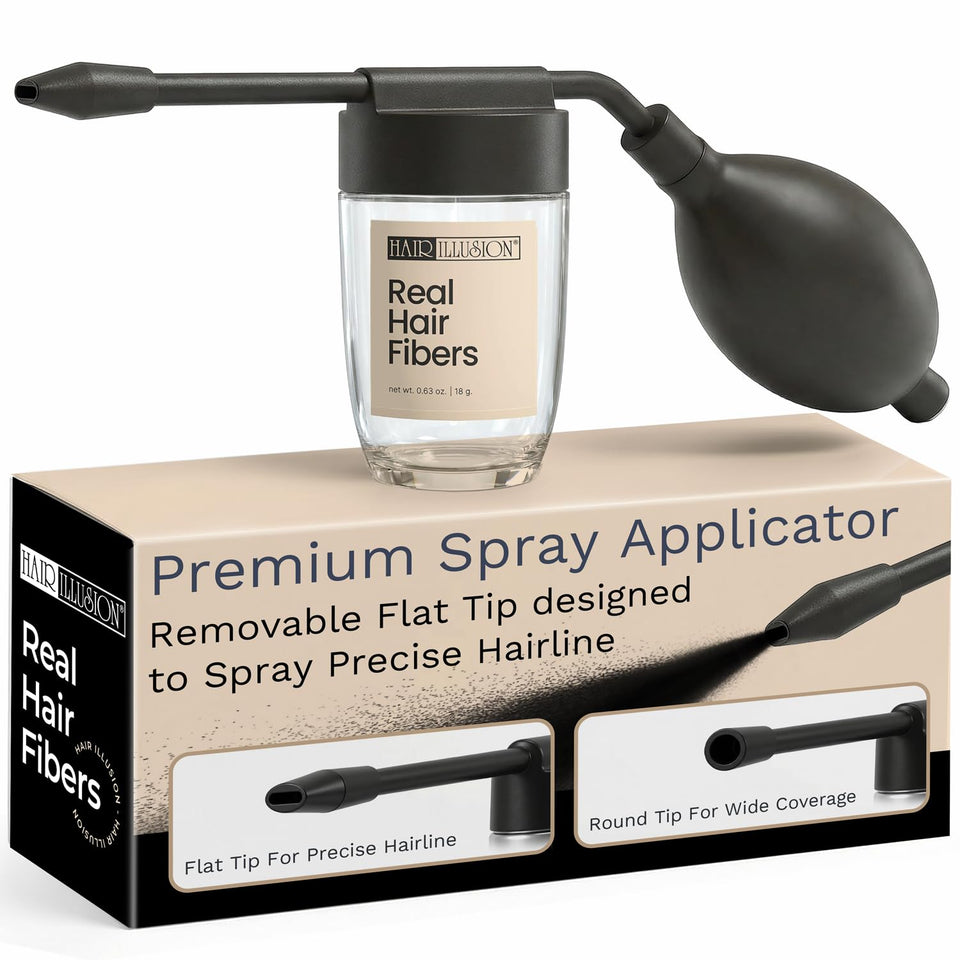 Hair Illusion spray applicator flat tip shown for precise hairline definition.