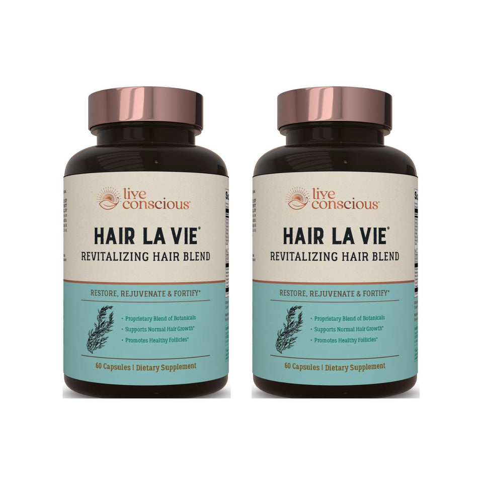 Hair La Vie Live Conscious bottle front showing premium hair vitamins for daily support
