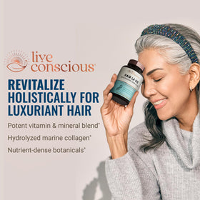 Label details of Hair La Vie Live Conscious vitamin bottle for nourishment