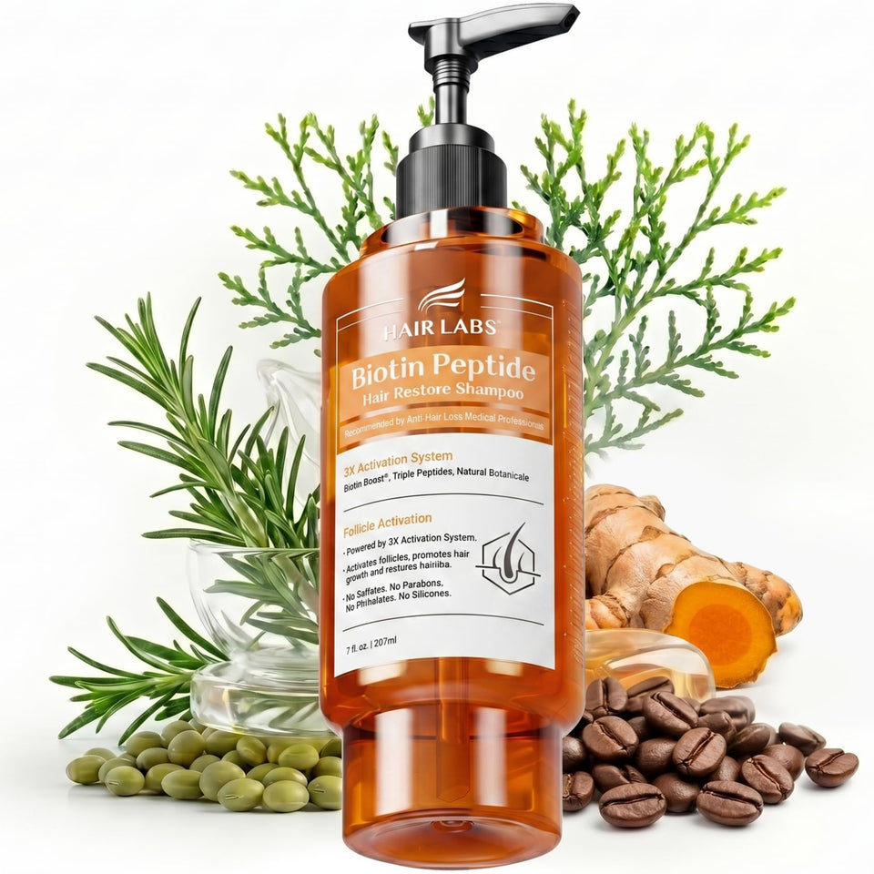 Hair Labs Biotin Peptide Shampoo bottle highlights nourishing formula for fuller-looking roots.