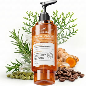 Hair Labs Biotin Peptide bottle shows sulfate-free formula for sensitive scalps.