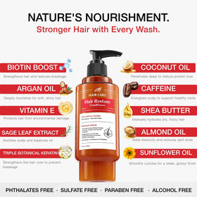 Hair Labs Hair Conditioner label closeup showcases restoring formula details.