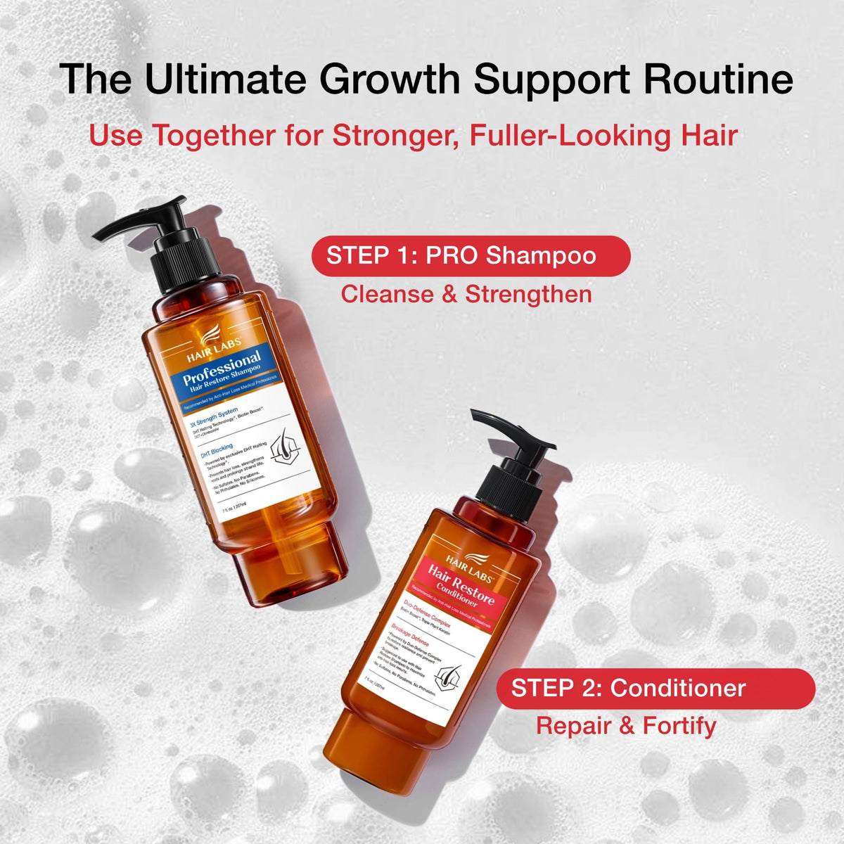 Woman applying Hair Labs conditioner for smooth, manageable hair.