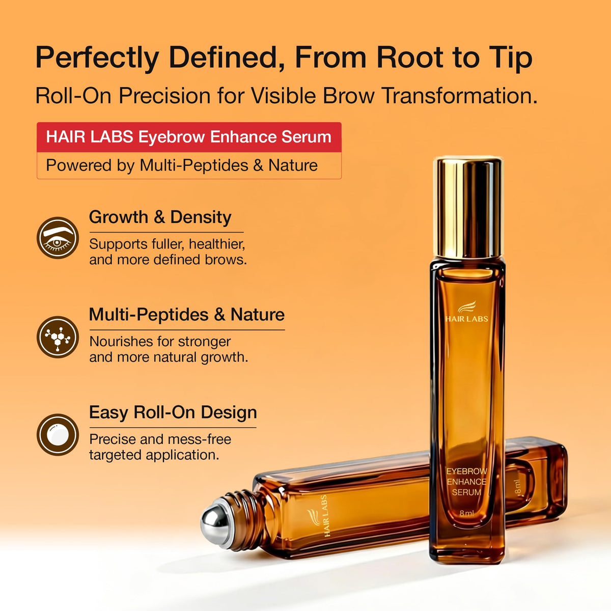Hair Labs Eyebrow Enhance Serum roll-on application close-up shows targeted, mess-free use