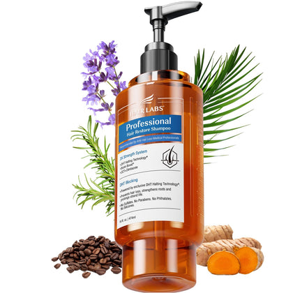Hair Labs Professional Strength Shampoo bottle shows DHT-blocking formula for thinning hair