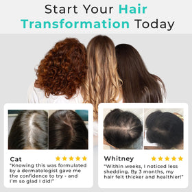 Hair Plus MD bottle on counter signals a simple daily routine for thicker-looking hair.